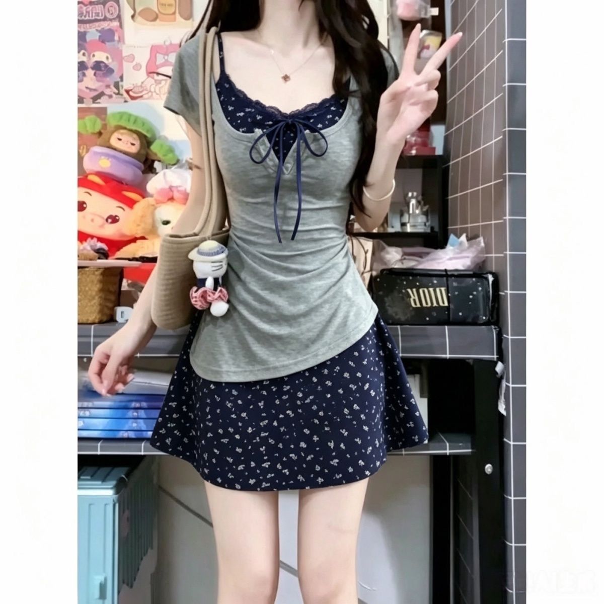 Set Dua Potong Gaun Mini Sling - Korean Style A Line Shirt Dress ulasan dan harga