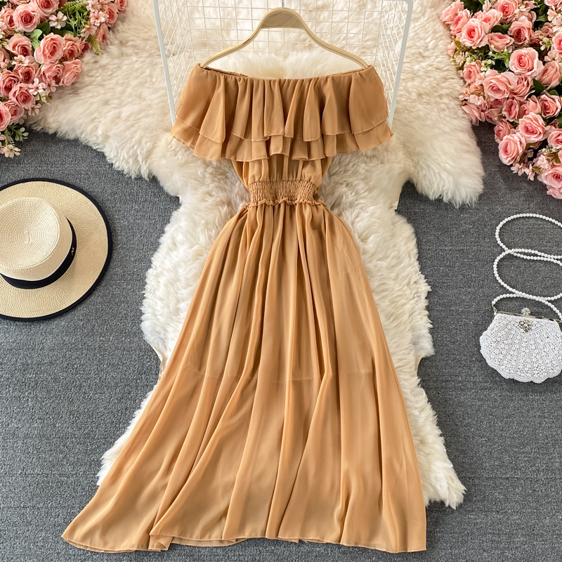 Gaun pantai wanita Solid kunin - Off Shoulder Puff Sleeve Sundress ulasan dan harga