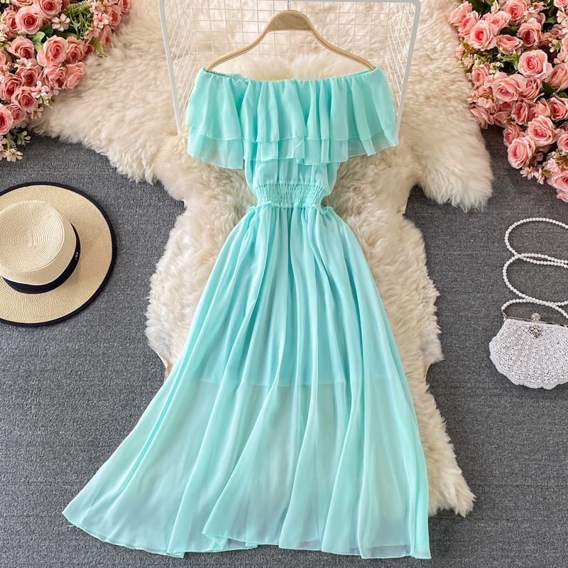 Gaun pantai wanita Solid kunin - Off Shoulder Puff Sleeve Sundress ulasan dan harga