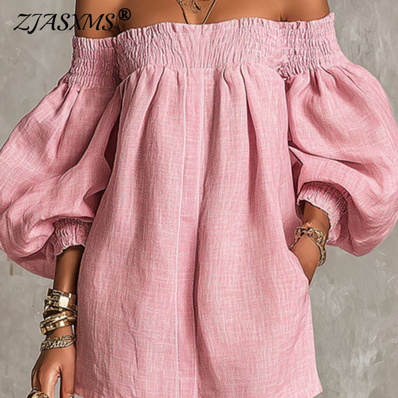 Gaun Wanita Polos Tanpa Tali B - Off Shoulder Puff Sleeve Sundress ulasan dan harga