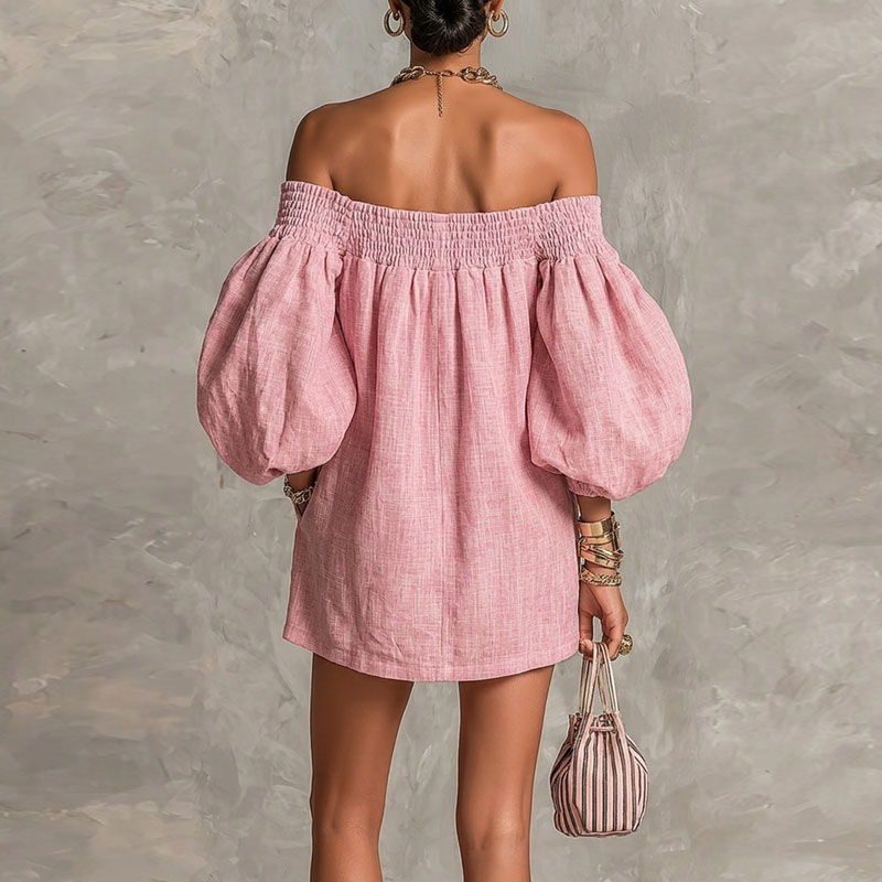 Gaun Wanita Polos Tanpa Tali B - Off Shoulder Puff Sleeve Sundress ulasan dan harga