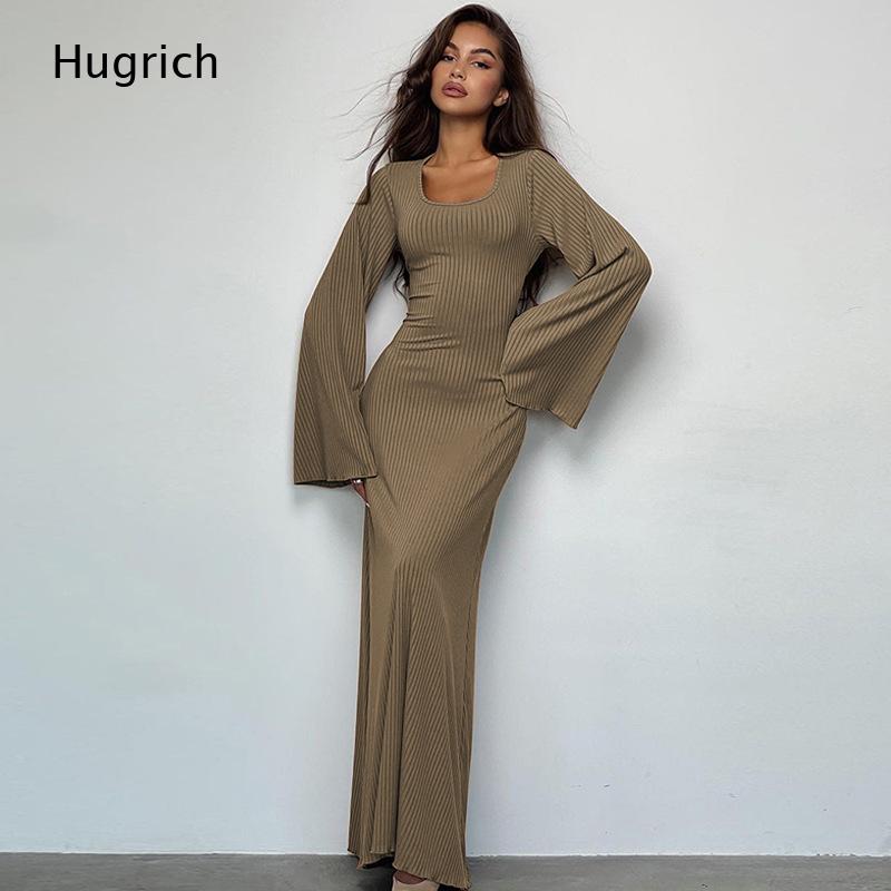 Gaun Maxi Rajut Bergaris Elega - Bodycon Long Sleeve Ribbed Dress ulasan dan harga