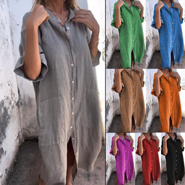 Gaun Kemeja Wanita Gaya Old Mo - Casual Loose Linen Shirt Dress ulasan dan harga