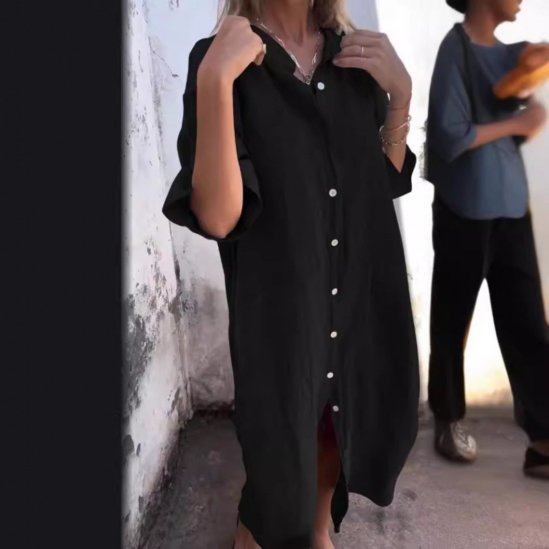 Gaun Kemeja Wanita Gaya Old Mo - Casual Loose Linen Shirt Dress ulasan dan harga