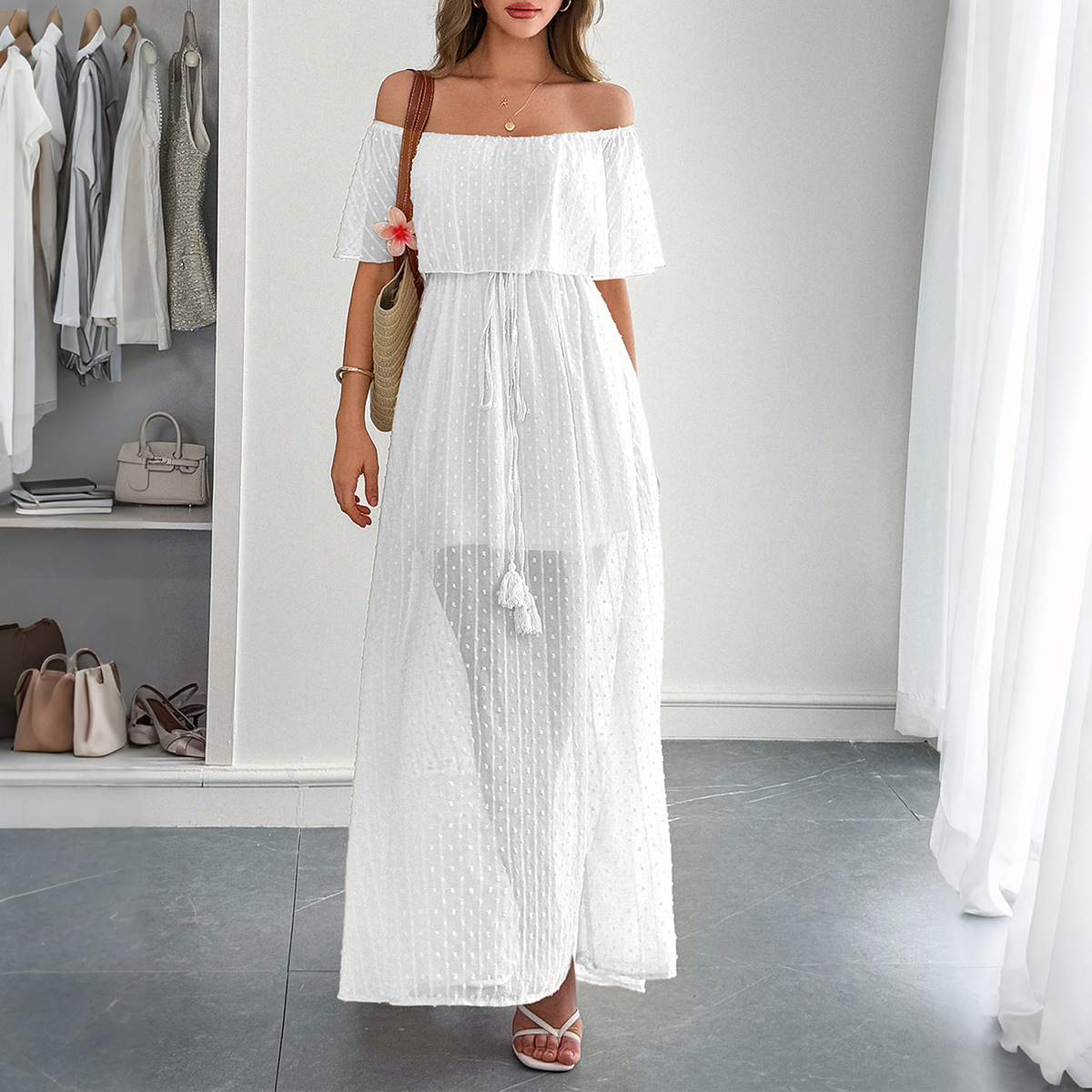 Gaun Maxi Wanita Elegan Motif  - Off Shoulder Puff Sleeve Sundress ulasan dan harga