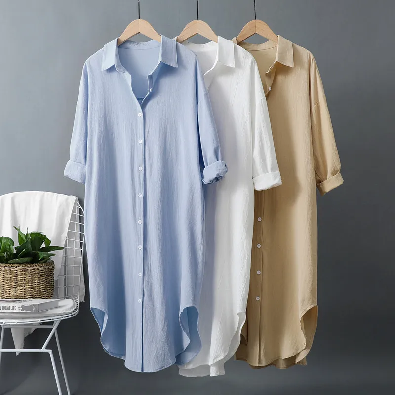 Gaun Kemeja Panjang Wanita Kat - Casual Loose Linen Shirt Dress ulasan dan harga