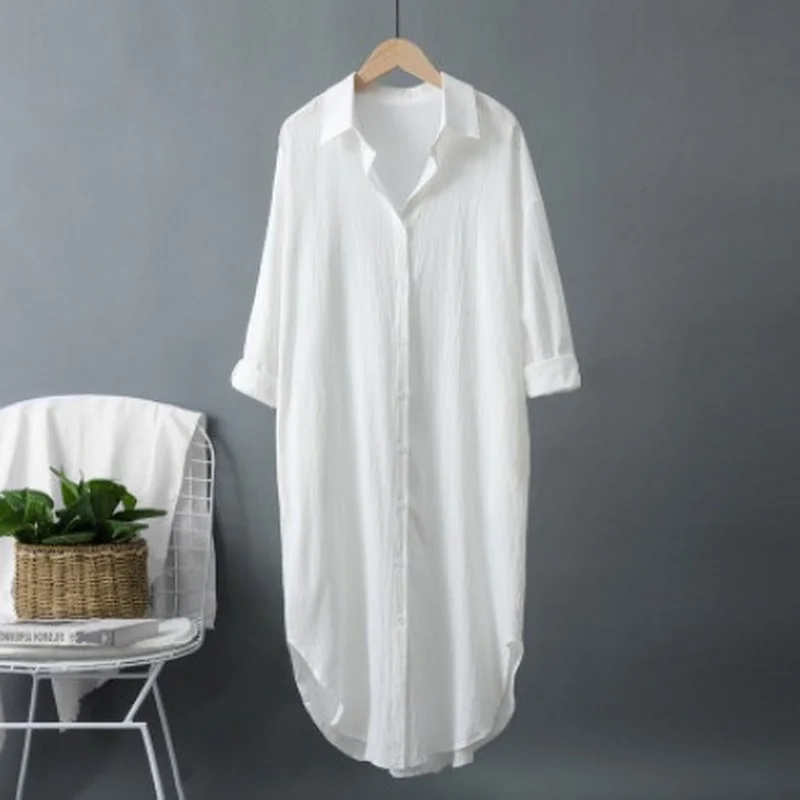Gaun Kemeja Panjang Wanita Kat - Casual Loose Linen Shirt Dress ulasan dan harga