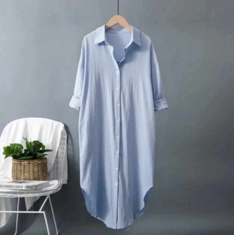 Gaun Kemeja Panjang Wanita Kat - Casual Loose Linen Shirt Dress ulasan dan harga