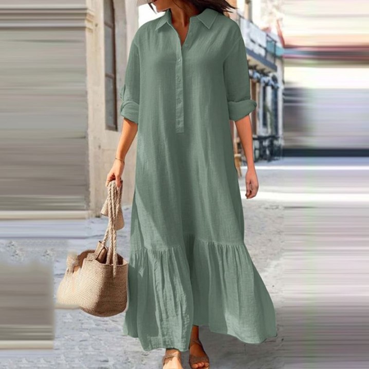 Gaun Kemeja Linen Wanita 2025  - Casual Loose Linen Shirt Dress ulasan dan harga