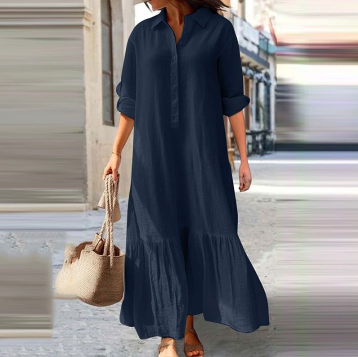 Gaun Kemeja Linen Wanita 2025  - Casual Loose Linen Shirt Dress ulasan dan harga