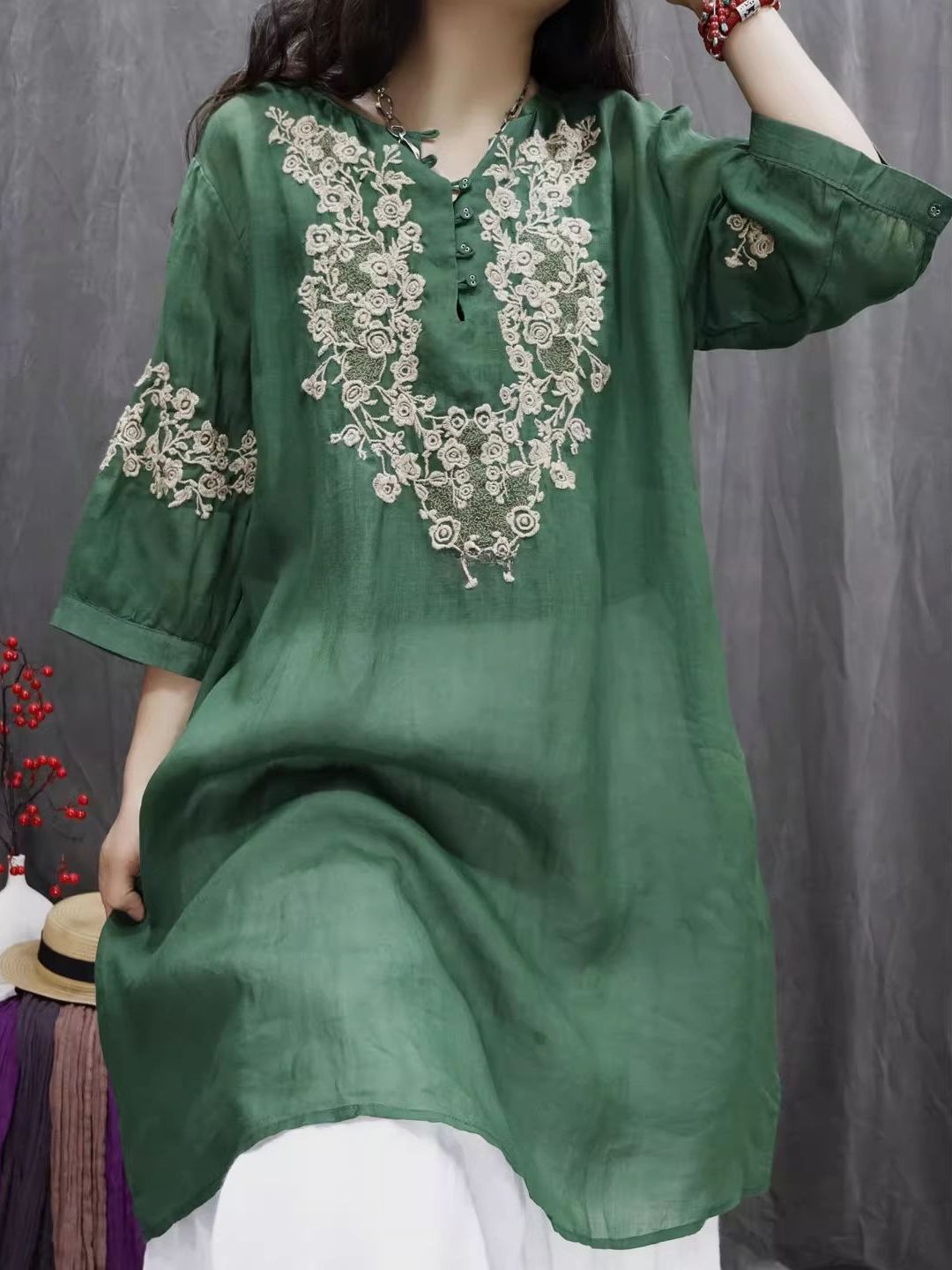 Atasan Bordir Katun Linen Retr - Casual Loose Linen Shirt Dress ulasan dan harga