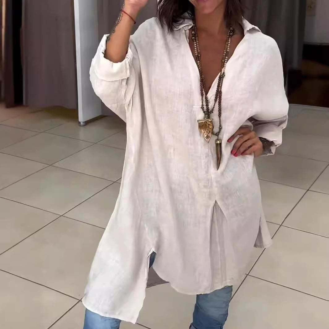 Gaun kemeja longgar berbahan k - Casual Loose Linen Shirt Dress ulasan dan harga