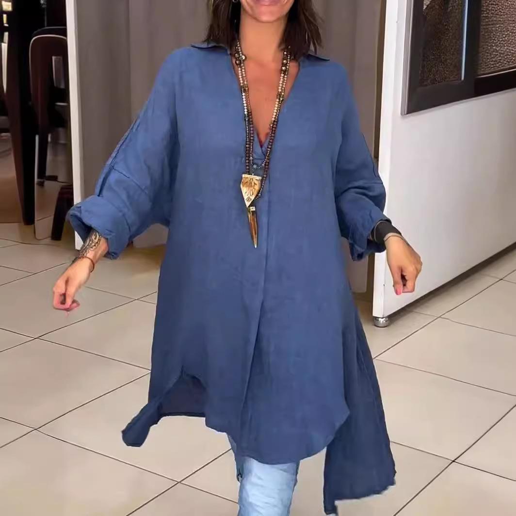 Gaun kemeja longgar berbahan k - Casual Loose Linen Shirt Dress ulasan dan harga