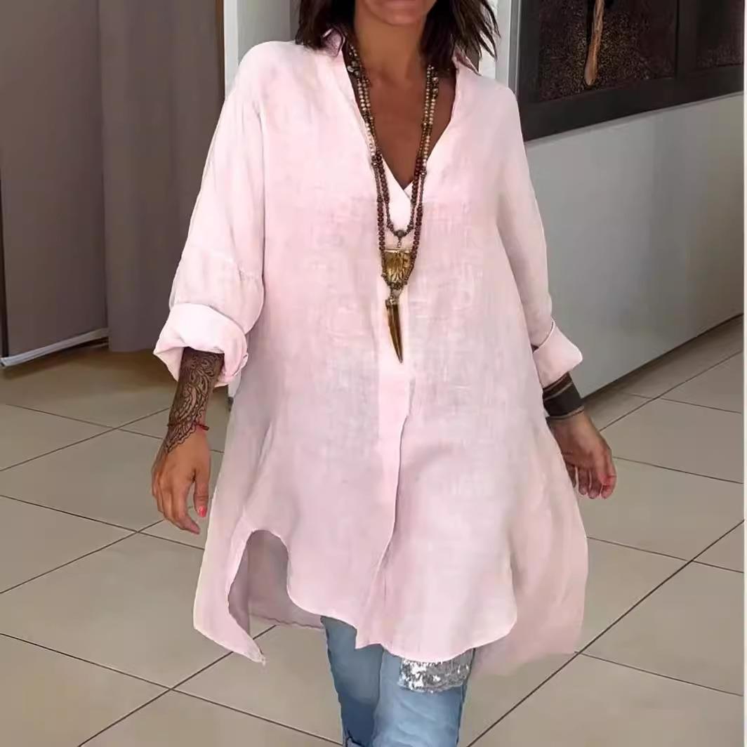 Gaun kemeja longgar berbahan k - Casual Loose Linen Shirt Dress ulasan dan harga