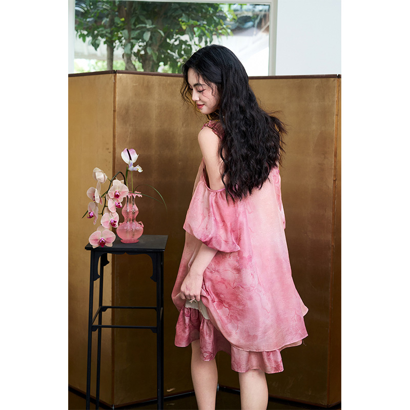 Gaun Sifon Jacquard Tie-Dye Wa - Off Shoulder Puff Sleeve Sundress ulasan dan harga