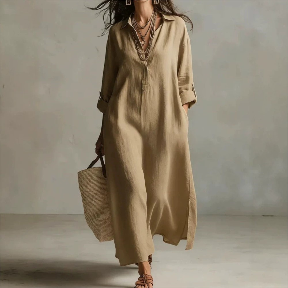 Gaun kemeja linen vintage wani - Casual Loose Linen Shirt Dress ulasan dan harga