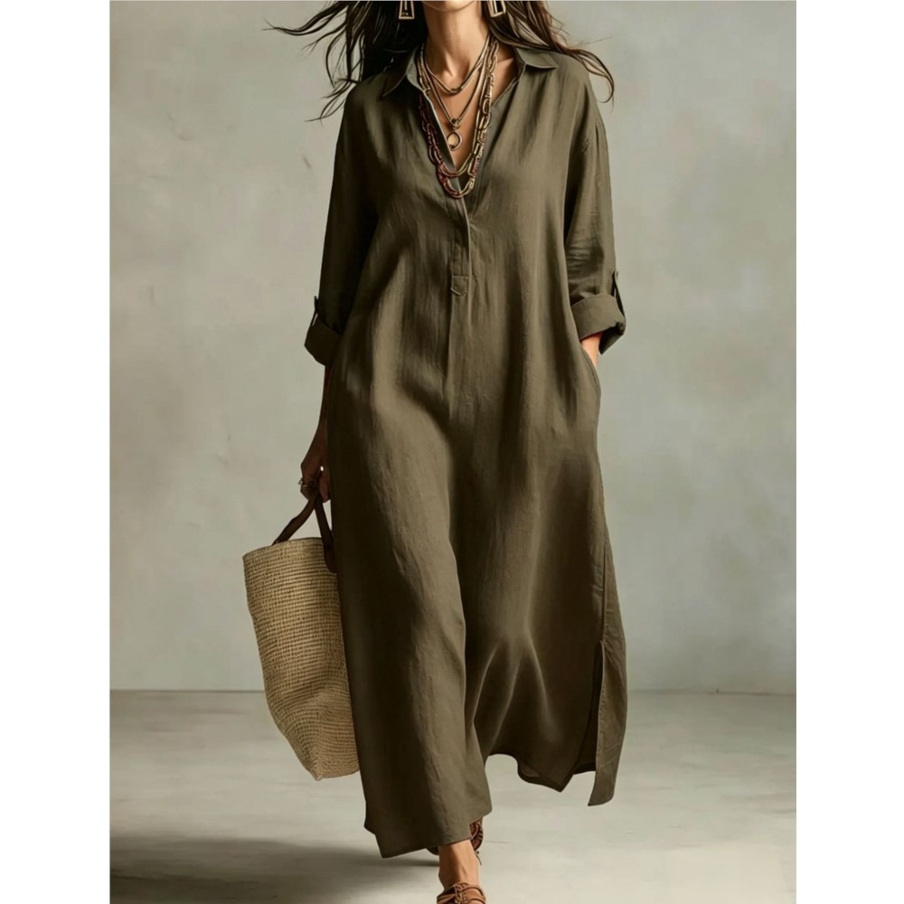 Gaun kemeja linen vintage wani - Casual Loose Linen Shirt Dress ulasan dan harga