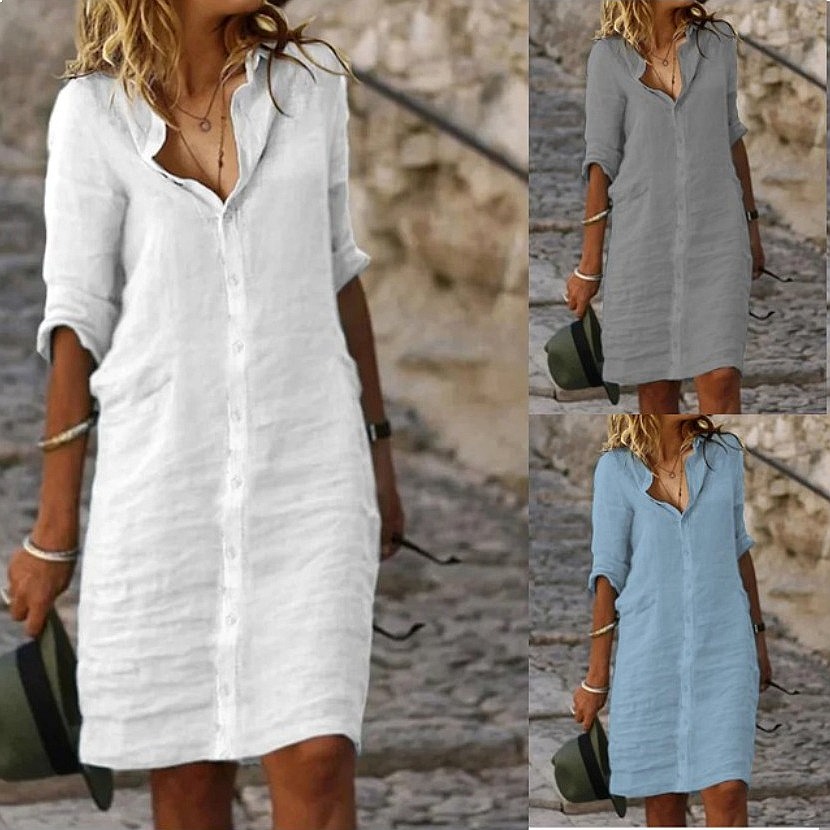 Gaun Kemeja Midi Longgar Berba - Casual Loose Linen Shirt Dress ulasan dan harga