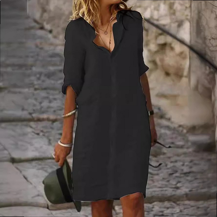 Gaun Kemeja Midi Longgar Berba - Casual Loose Linen Shirt Dress ulasan dan harga