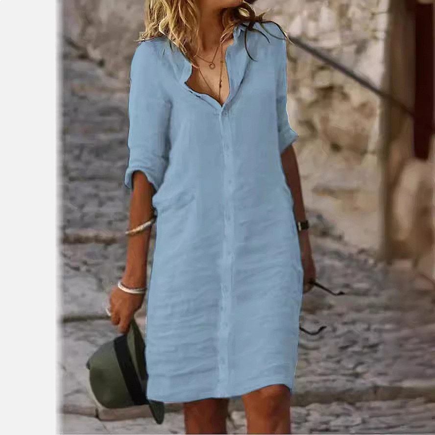 Gaun Kemeja Midi Longgar Berba - Casual Loose Linen Shirt Dress ulasan dan harga