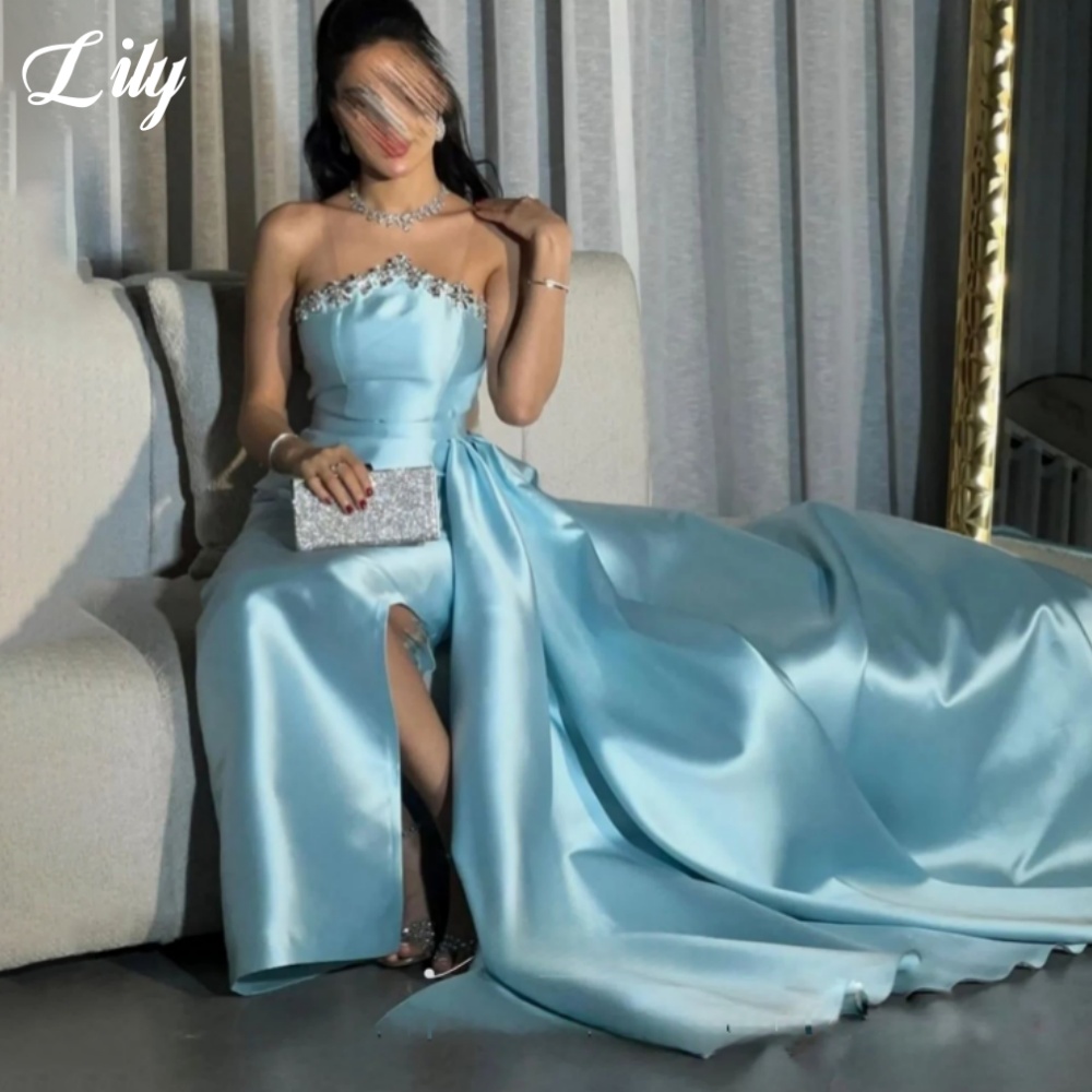Gaun Formal Elegan Biru Lily G - Elegant Satin Evening Gown Split ulasan dan harga