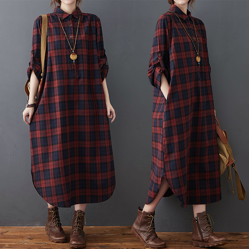 Gaun Linen Katun Wanita Musim  - Casual Loose Linen Shirt Dress ulasan dan harga