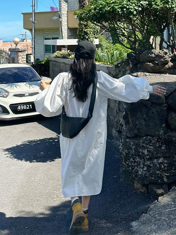 Gaun Kemeja Lengan Panjang Wan - Korean Style A Line Shirt Dress ulasan dan harga