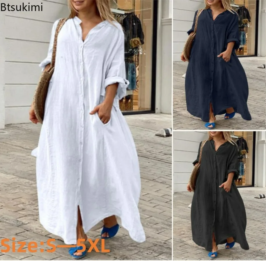 Gaun Panjang Kasual Wanita 202 - Casual Loose Linen Shirt Dress ulasan dan harga