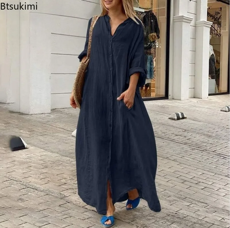 Gaun Panjang Kasual Wanita 202 - Casual Loose Linen Shirt Dress ulasan dan harga