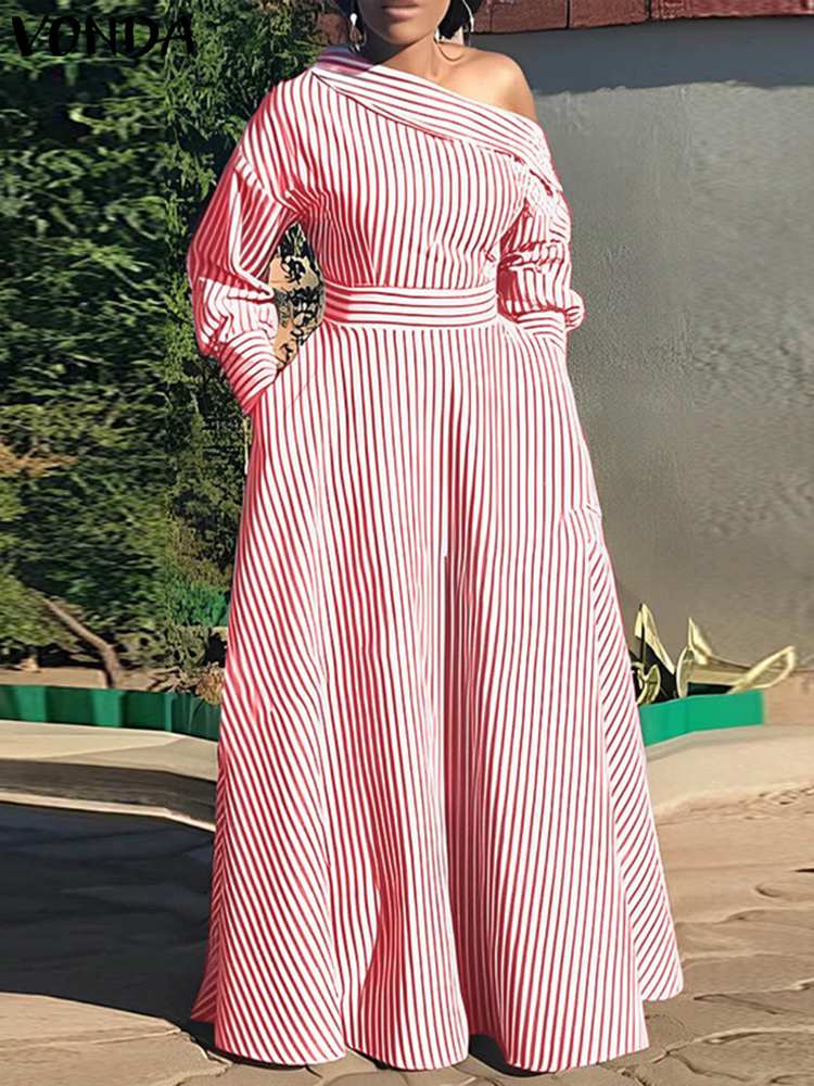 VONDA gaun Maxi bergaris wanit - Off Shoulder Puff Sleeve Sundress ulasan dan harga