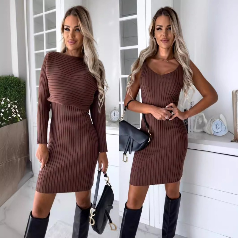 Set 2 Potong Gaya Baru Musim G - Bodycon Long Sleeve Ribbed Dress ulasan dan harga