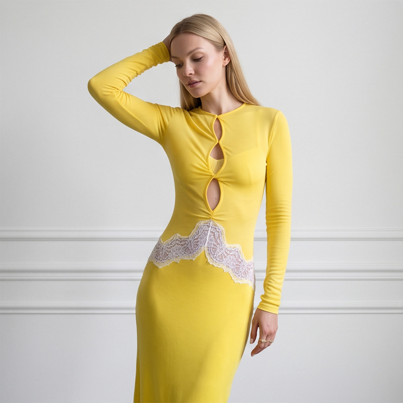 Gaun Maxi Wanita Lengan Panjan - Bodycon Long Sleeve Ribbed Dress ulasan dan harga