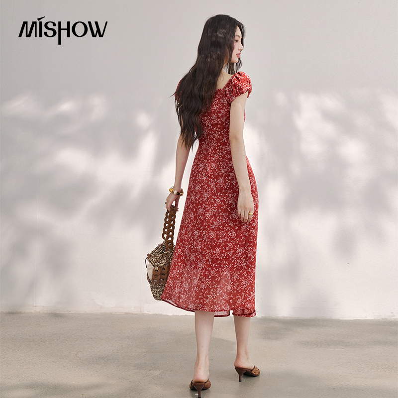 Gaun Midi Sifon Bunga Merah Vi - French Vintage Floral Midi Dress ulasan dan harga