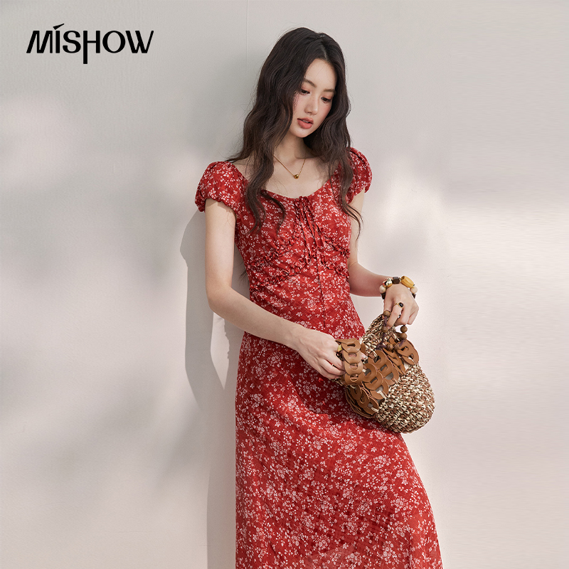 Gaun Midi Sifon Bunga Merah Vi - French Vintage Floral Midi Dress ulasan dan harga