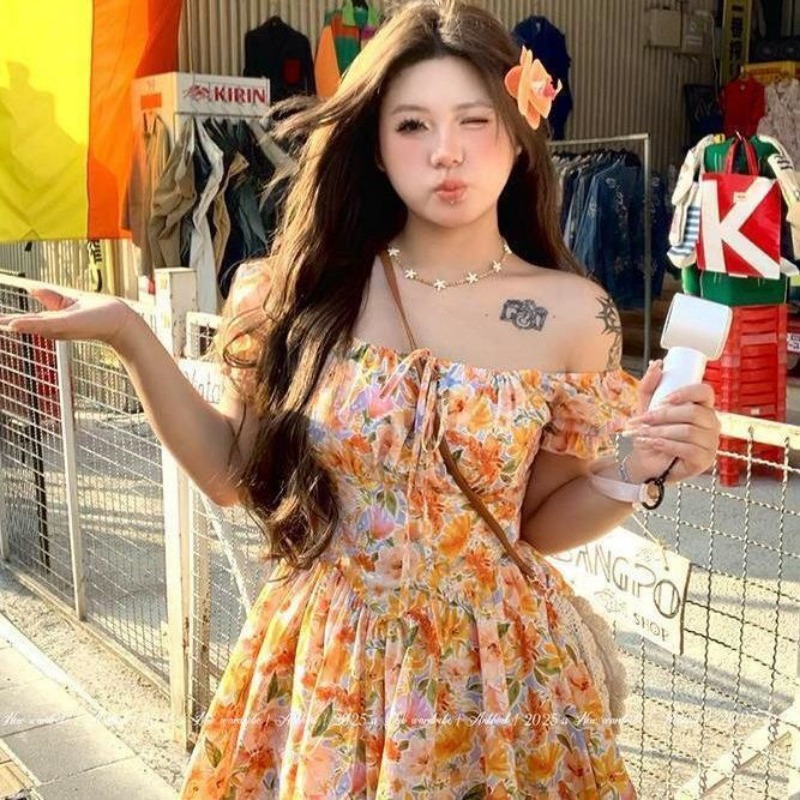 Gaun Mini Cetak Bunga Oranye B - Off Shoulder Puff Sleeve Sundress ulasan dan harga