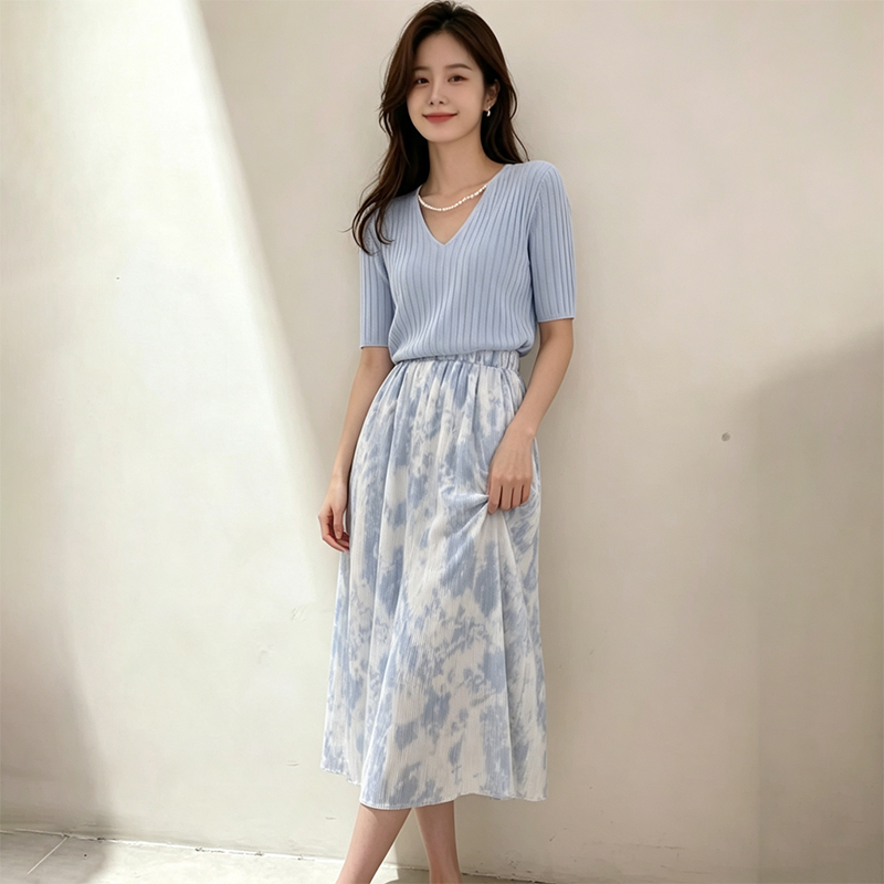 Set Gaun T-shirt V-neck Lengan - Korean Style A Line Shirt Dress ulasan dan harga