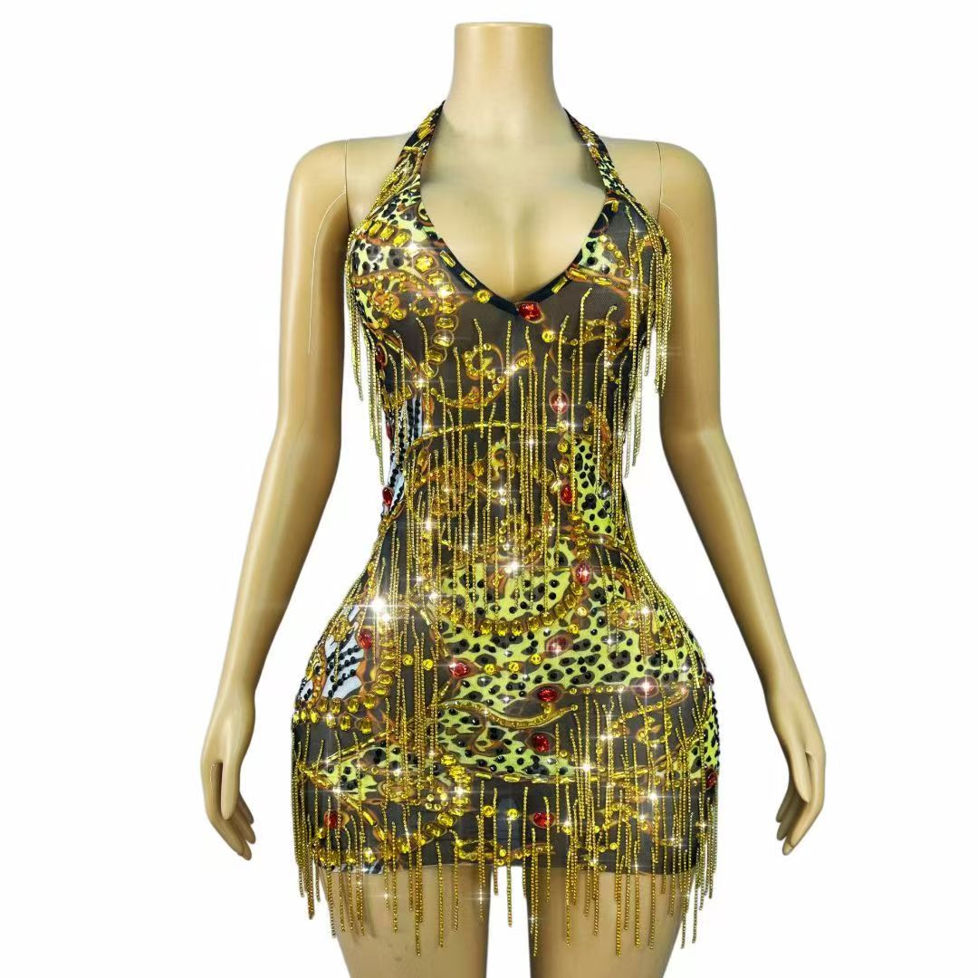 Gaun Mini Bodycon Rantai Berli - Sparkly Rhinestone Club Party Dress ulasan dan harga