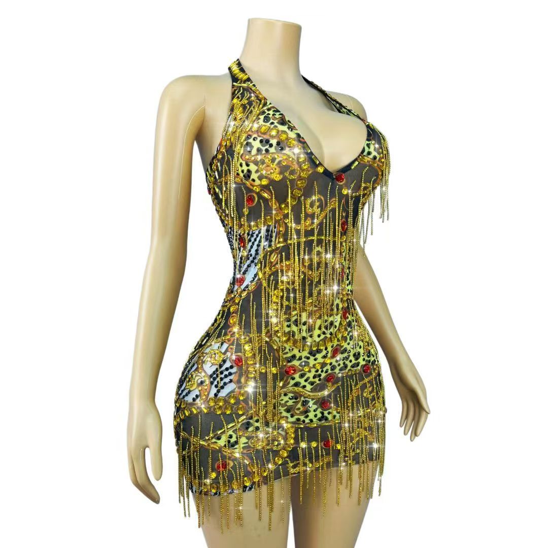 Gaun Mini Bodycon Rantai Berli - Sparkly Rhinestone Club Party Dress ulasan dan harga