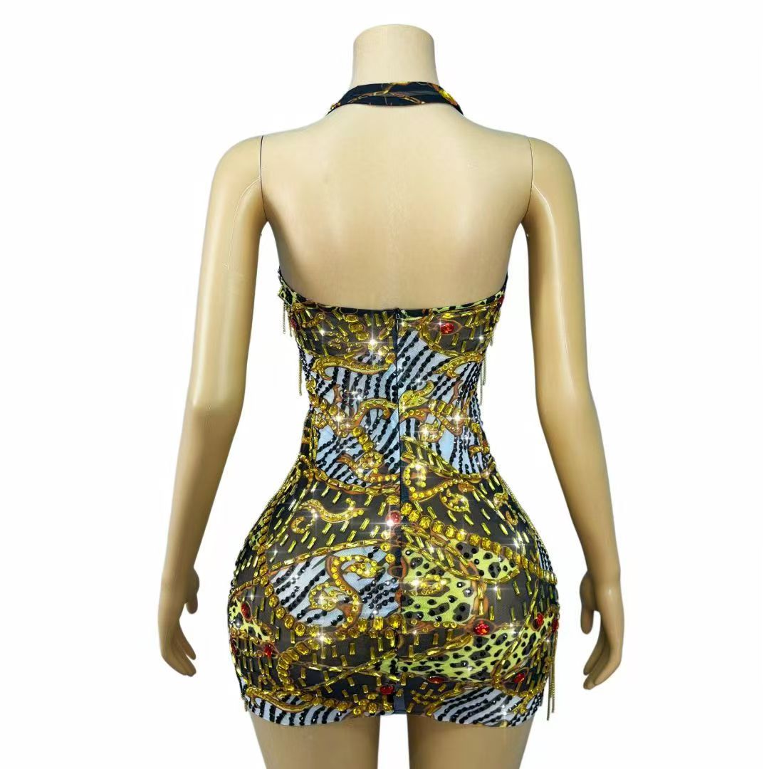 Gaun Mini Bodycon Rantai Berli - Sparkly Rhinestone Club Party Dress ulasan dan harga