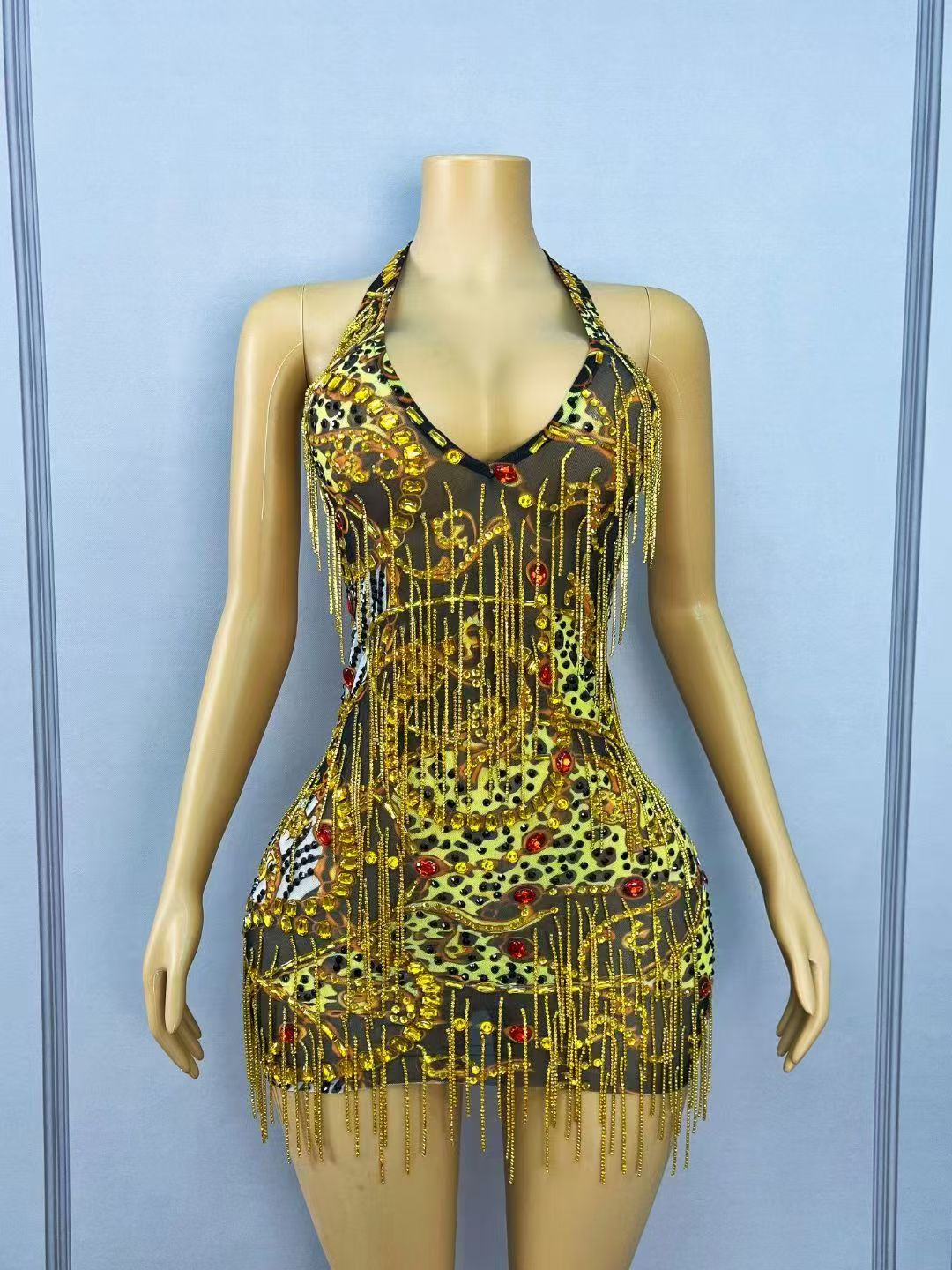Gaun Mini Bodycon Rantai Berli - Sparkly Rhinestone Club Party Dress ulasan dan harga