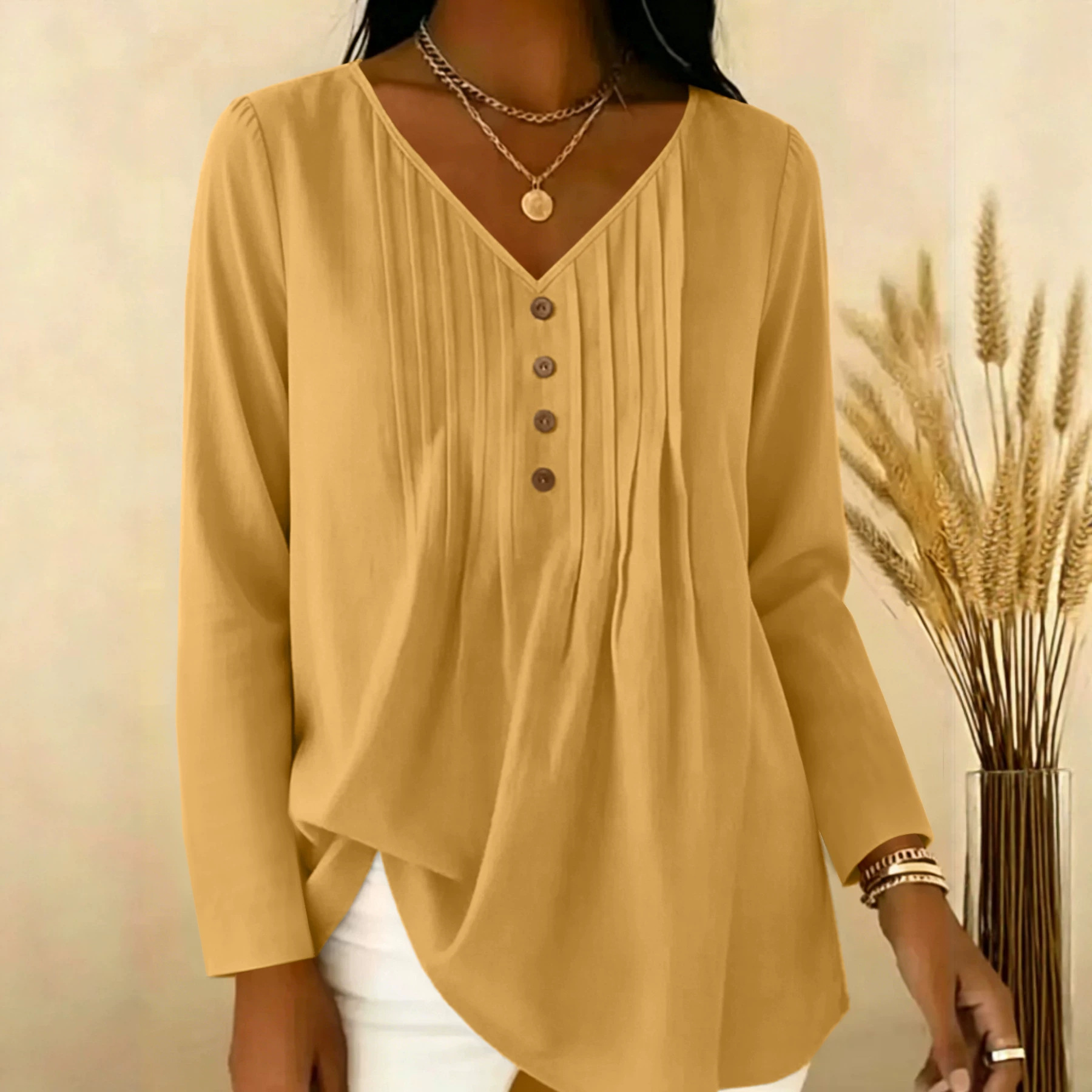 Blus Lengan Panjang Berkerah V - Blouses ulasan dan harga