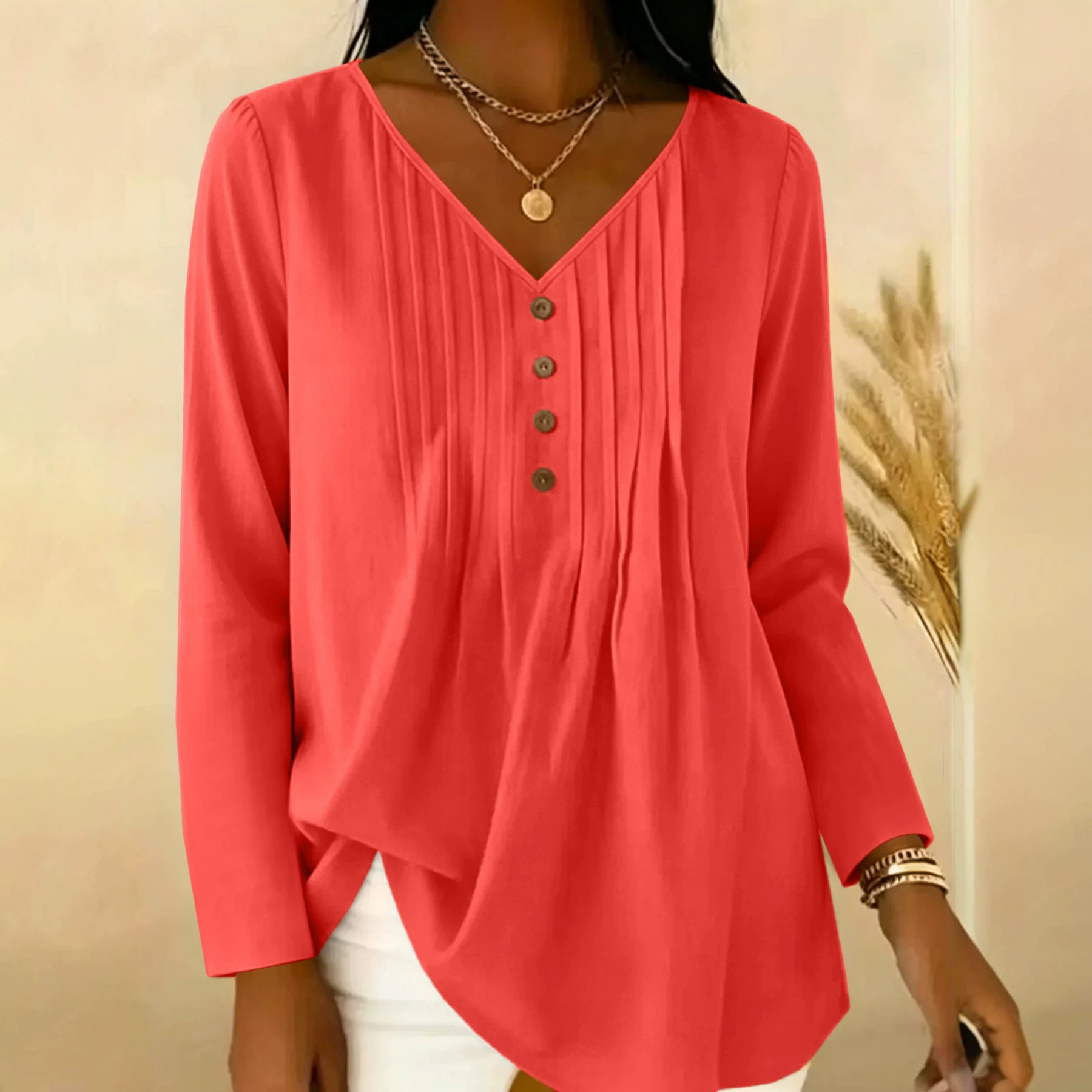 Blus Lengan Panjang Berkerah V - Blouses ulasan dan harga