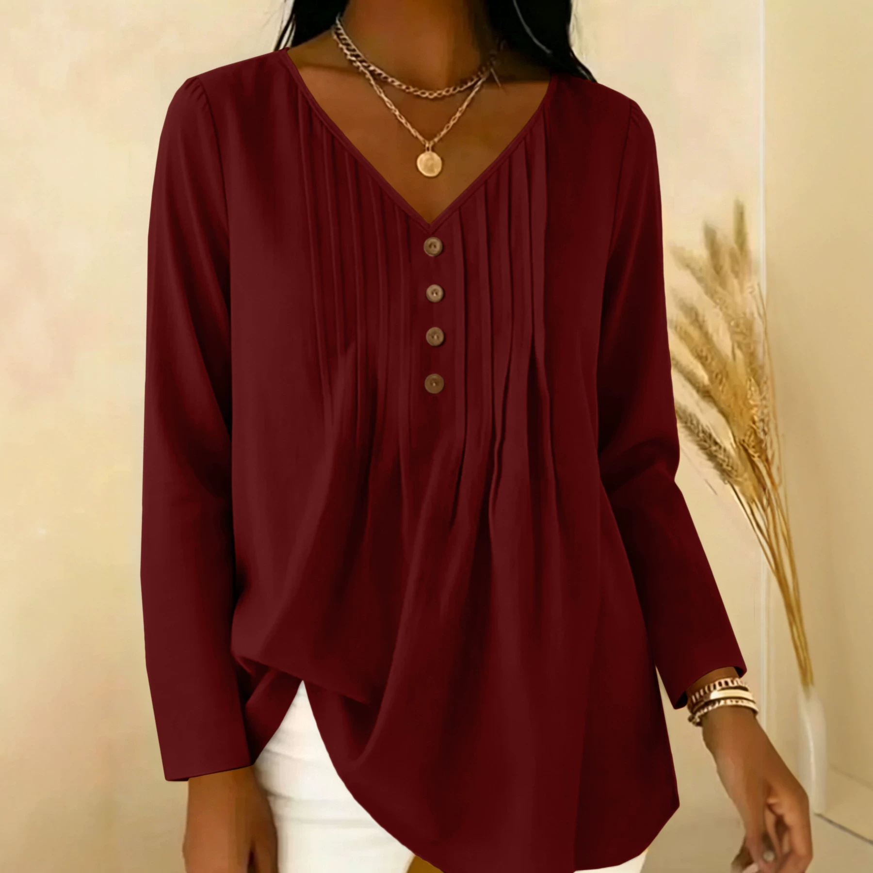 Blus Lengan Panjang Berkerah V - Blouses ulasan dan harga