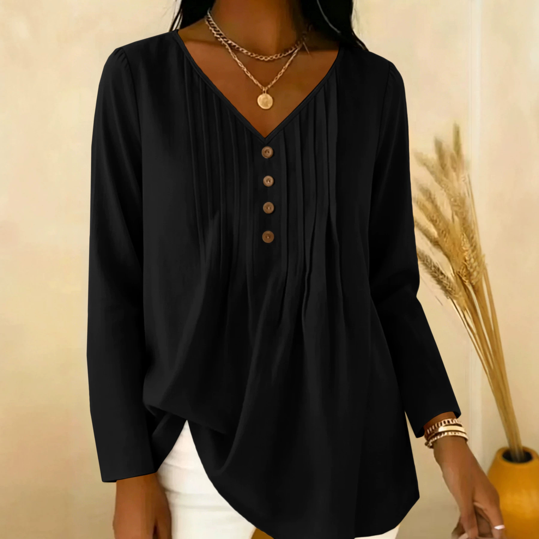 Blus Lengan Panjang Berkerah V - Blouses ulasan dan harga