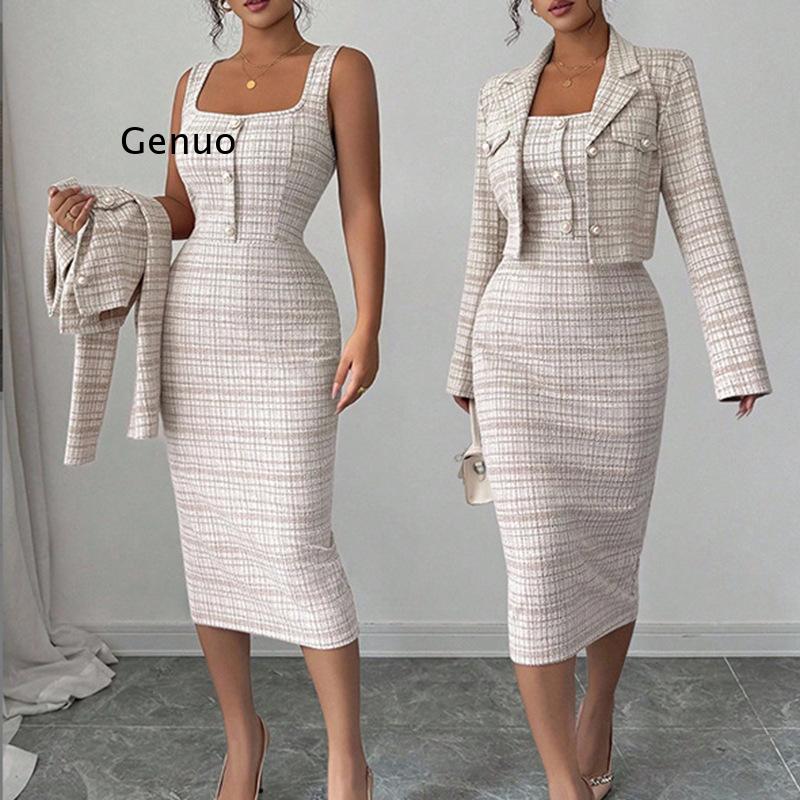Setelan Tweed Elegan Wanita Te - Tweed Two Piece Blazer Dress ulasan dan harga