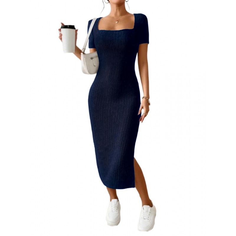 Gaun Midi Rajut Rib Vintage un - Bodycon Long Sleeve Ribbed Dress ulasan dan harga