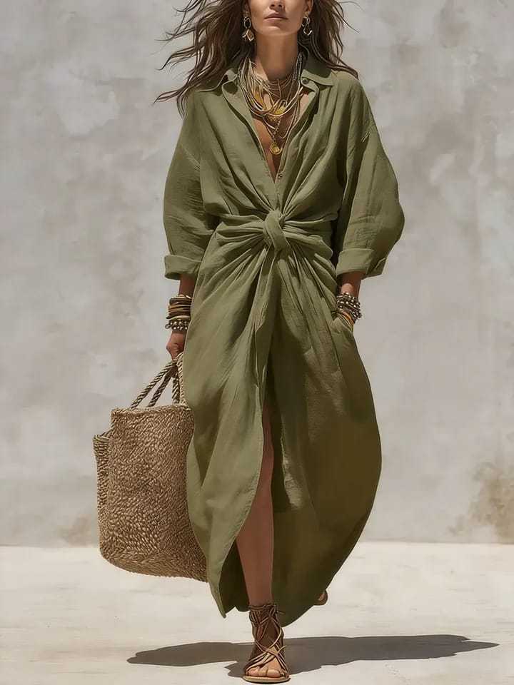 Gaun Kemeja Linen Katun Putih  - Casual Loose Linen Shirt Dress ulasan dan harga
