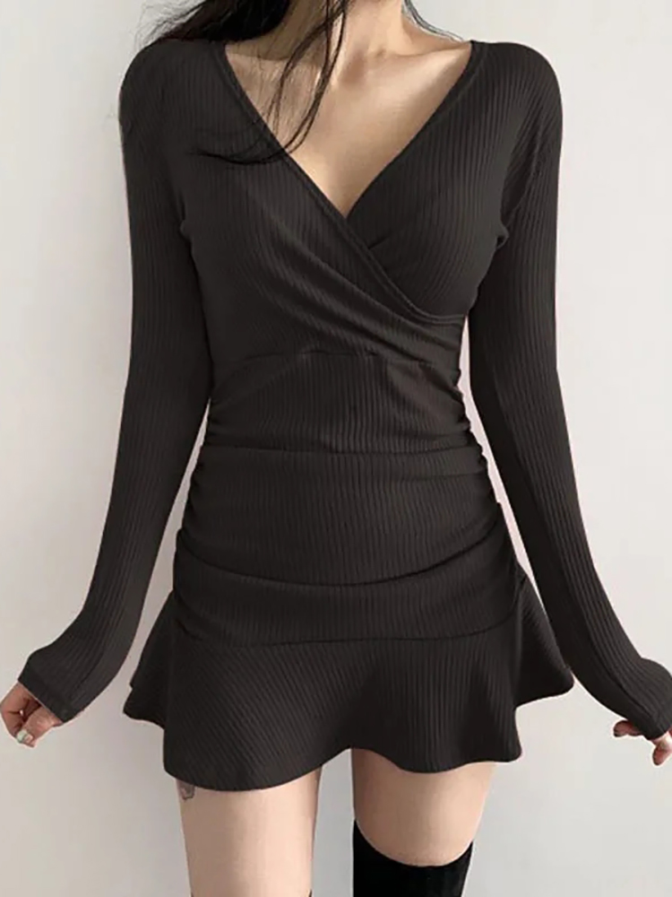 AOSSVIAO gaun rajut bergaris w - Bodycon Long Sleeve Ribbed Dress ulasan dan harga