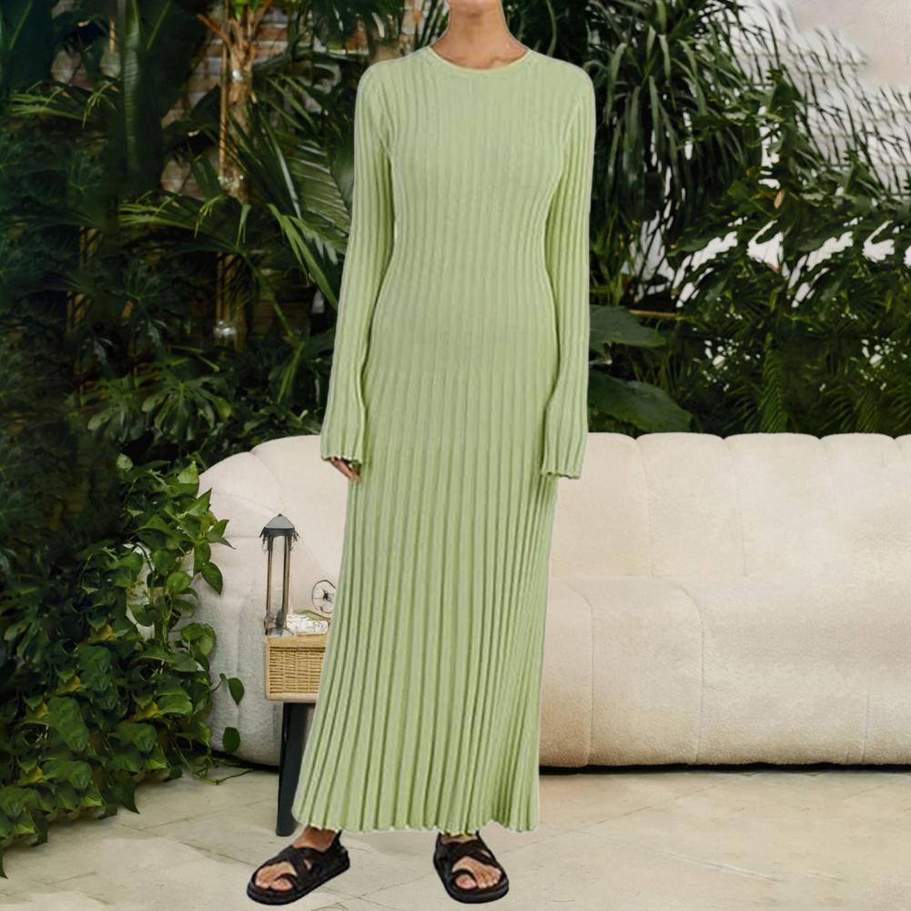 Gaun Rajut Bergaris Wanita Len - Bodycon Long Sleeve Ribbed Dress ulasan dan harga