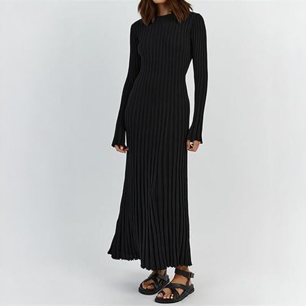 Gaun Rajut Bergaris Wanita Len - Bodycon Long Sleeve Ribbed Dress ulasan dan harga